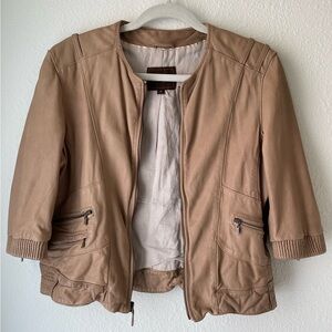 Cole Haan Tan Lambskin Leather Half Sleeve Cropped Moto Jacket Size M
